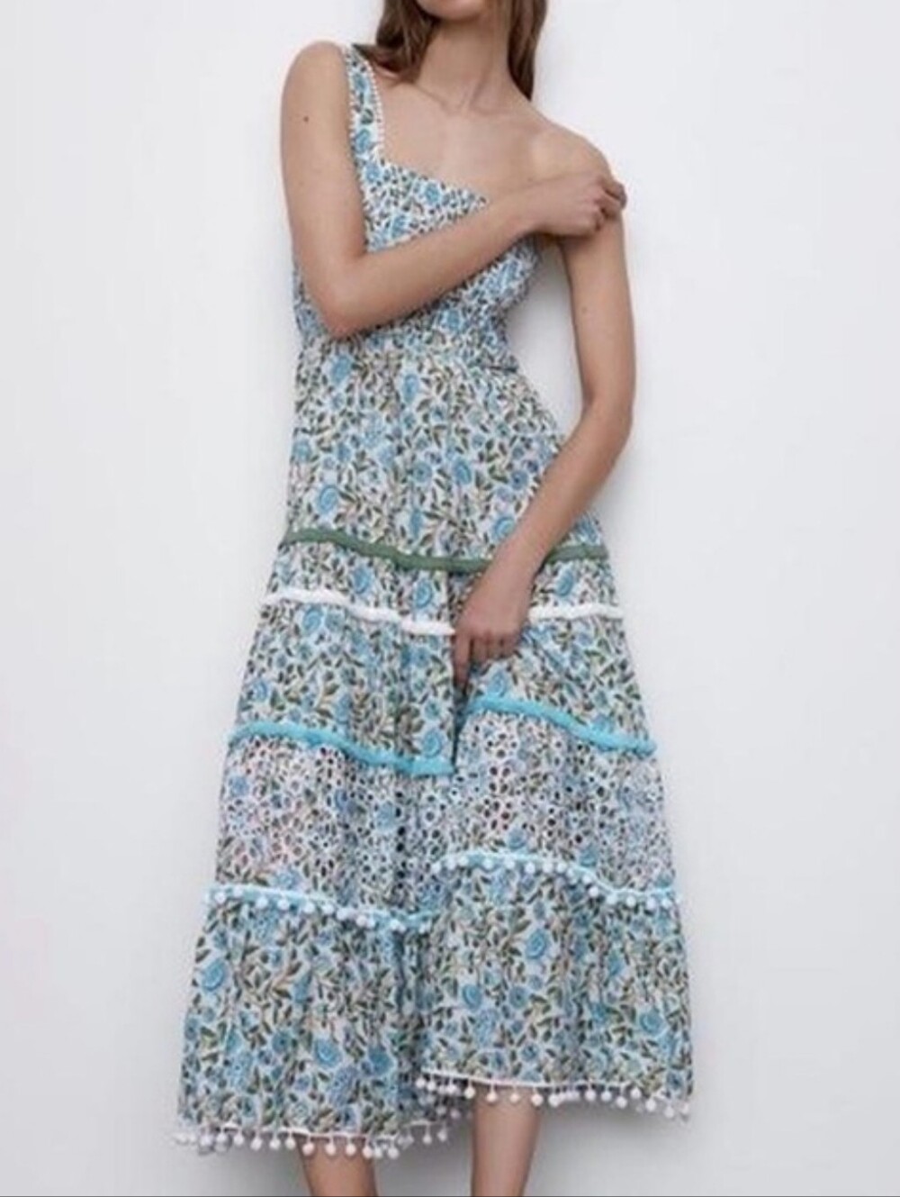 Zara The Kandy Dress Boho Floral Print Smocked Eyelet Pom-pom Detail